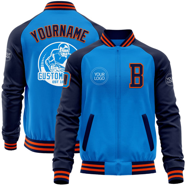 Custom Powder Blue Orange-Navy Bomber Varsity Letterman Two Tone Zipper Jacket