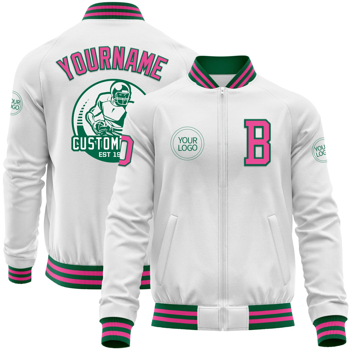 Custom White Pink-Kelly Green Bomber Varsity Letterman Zipper Jacket