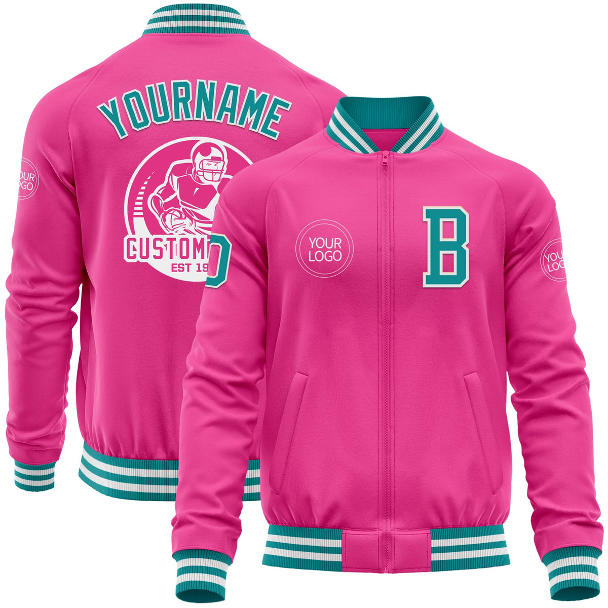 Custom Pink Teal-White Bomber Varsity Letterman Zipper Jacket