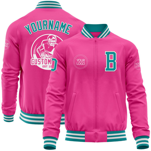 Custom Pink Teal-White Bomber Varsity Letterman Zipper Jacket