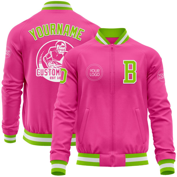 Custom Pink Neon Green-White Bomber Varsity Letterman Zipper Jacket