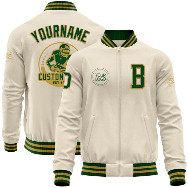 Custom Cream Green-Old Gold Bomber Varsity Letterman Zipper Jacket