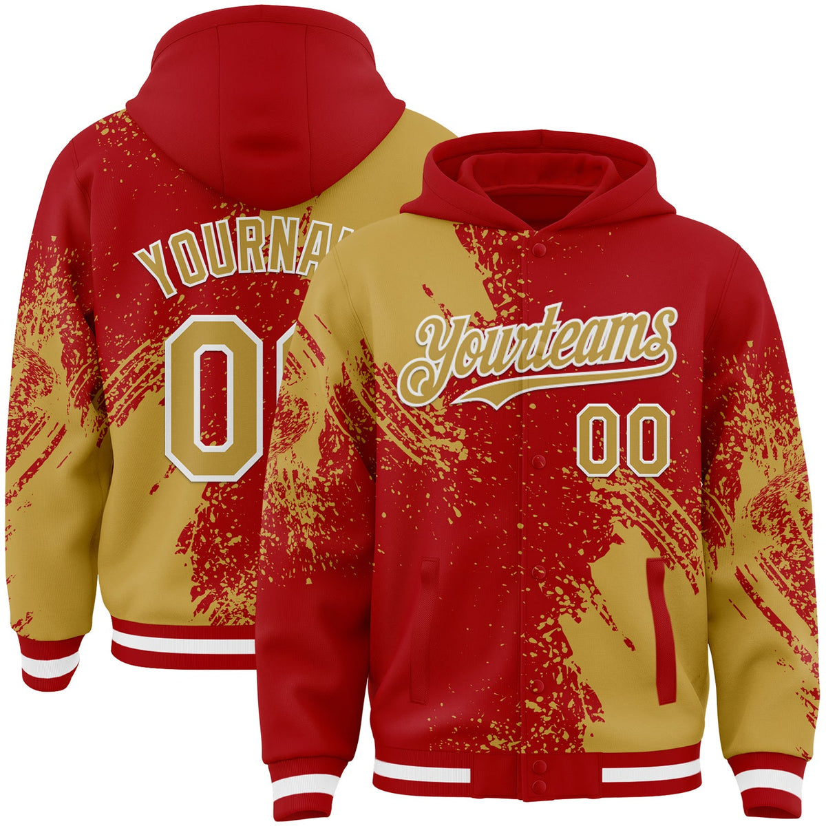 Custom Red Old Gold-White Abstract Brush Stroke 3D Pattern Design Bomber Full-Snap Varsity Letterman Hoodie Jacket
