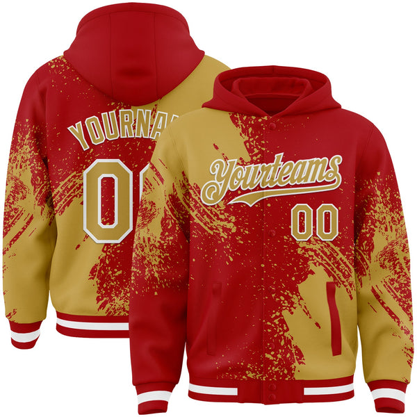 Custom Red Old Gold-White Abstract Brush Stroke 3D Pattern Design Bomber Full-Snap Varsity Letterman Hoodie Jacket