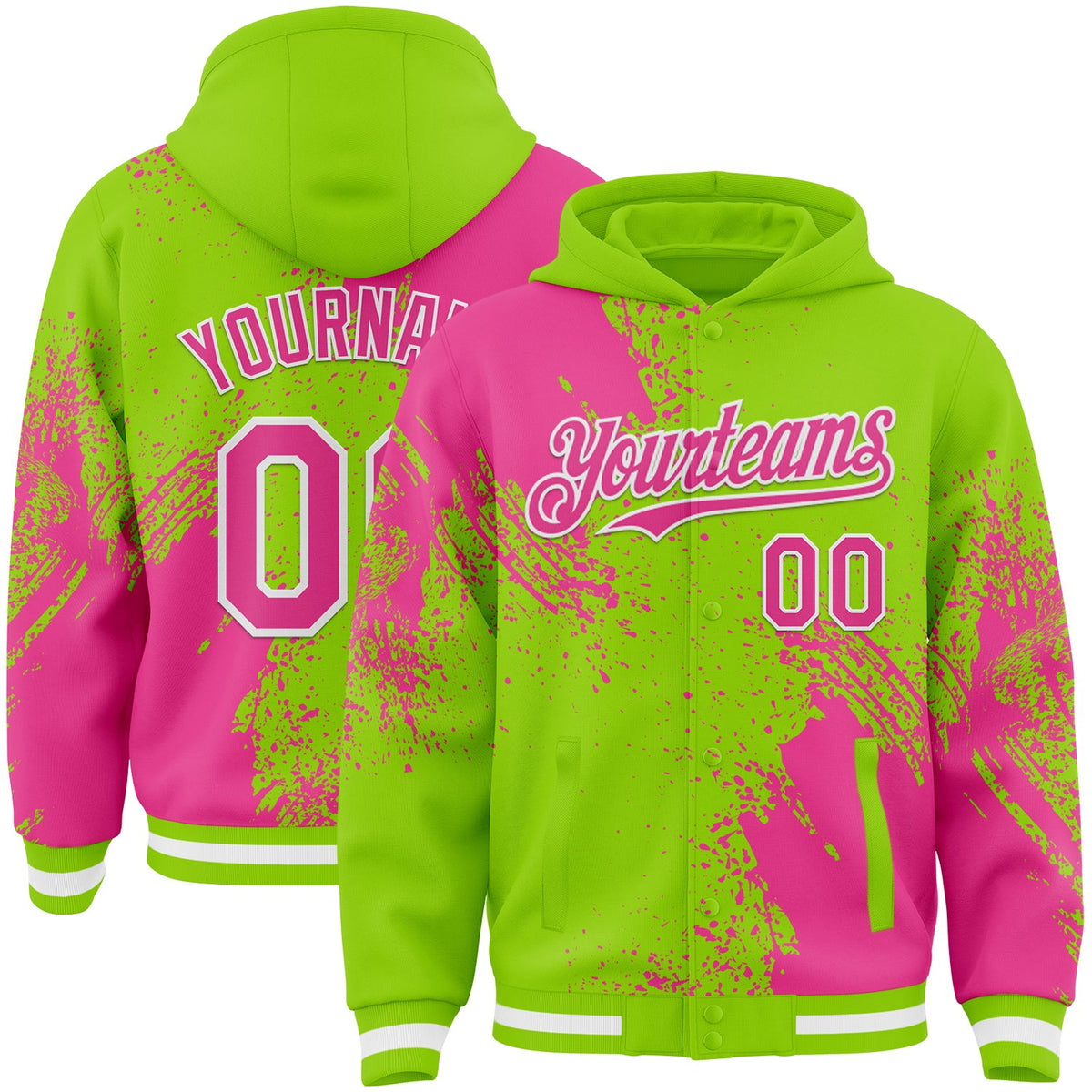 Custom Neon Green Pink-White Abstract Brush Stroke 3D Pattern Design Bomber Full-Snap Varsity Letterman Hoodie Jacket