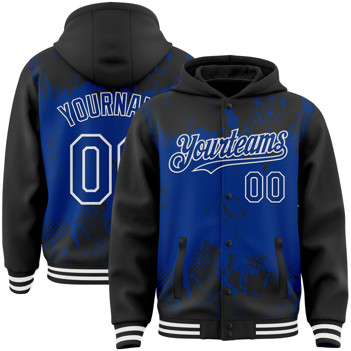 Custom Black Royal-White Splash Art 3D Pattern Design Bomber Full-Snap Varsity Letterman Hoodie Jacket