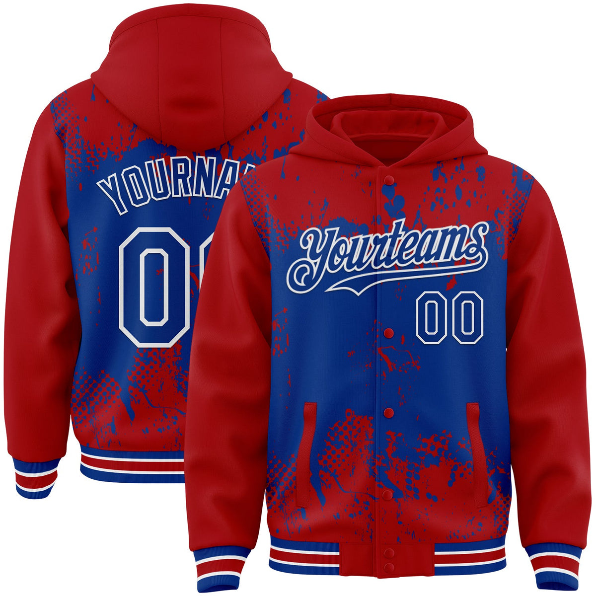 Custom Red Royal-White Splash Art 3D Pattern Design Bomber Full-Snap Varsity Letterman Hoodie Jacket