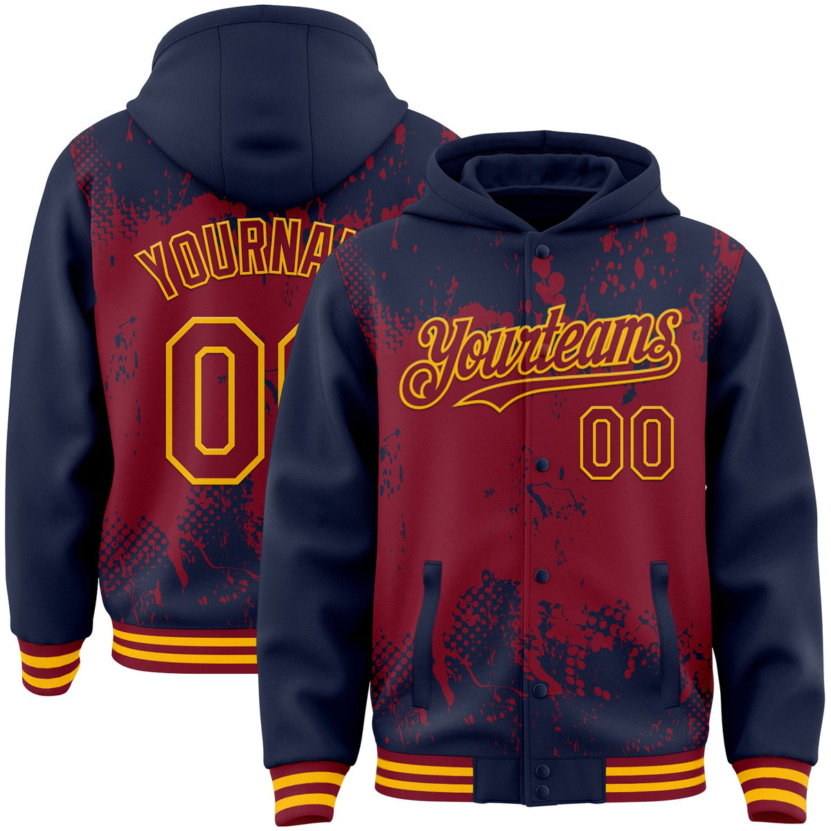 Custom Navy Crimson-Gold Splash Art 3D Pattern Design Bomber Full-Snap Varsity Letterman Hoodie Jacket