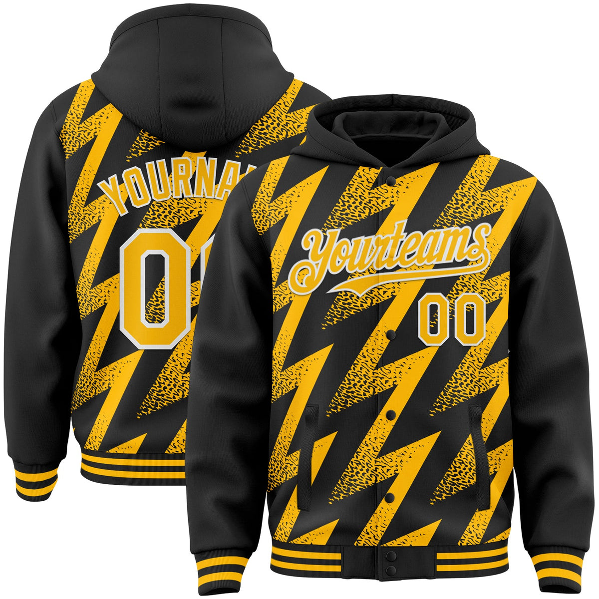 Custom Black Gold-White Zigzag Shape 3D Pattern Design Bomber Full-Snap Varsity Letterman Hoodie Jacket