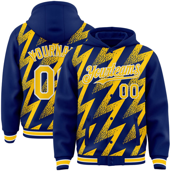 Custom Royal Yellow-White Zigzag Shape 3D Pattern Design Bomber Full-Snap Varsity Letterman Hoodie Jacket