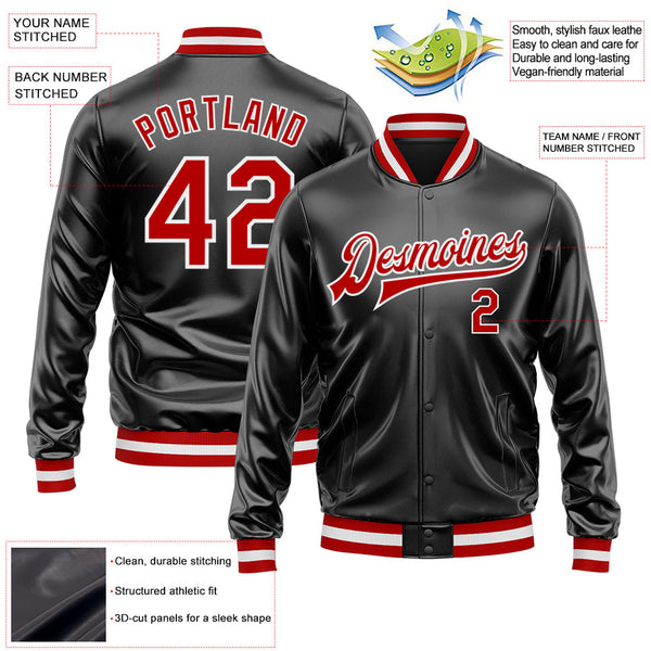 Custom Black Red-White Bomber Full-Snap Varsity Faux Leather Letterman Jacket alternate