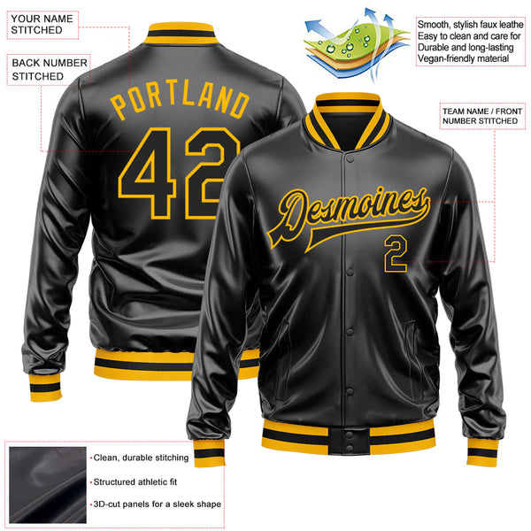 Custom Black Black-Gold Bomber Full-Snap Varsity Faux Leather Letterman Jacket alternate