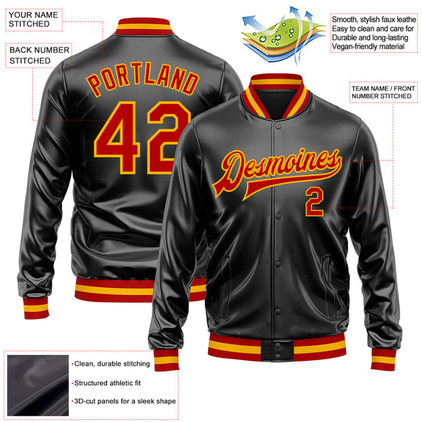Custom Black Red-Gold Bomber Full-Snap Varsity Faux Leather Letterman Jacket alternate