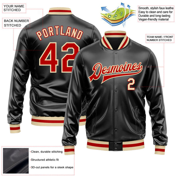 Custom Black Red-Cream Bomber Full-Snap Varsity Faux Leather Letterman Jacket alternate