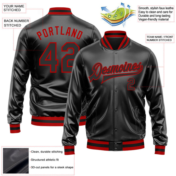 Custom Black Black-Red Bomber Full-Snap Varsity Faux Leather Letterman Jacket alternate