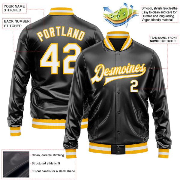 Custom Black White-Gold Bomber Full-Snap Varsity Faux Leather Letterman Jacket alternate