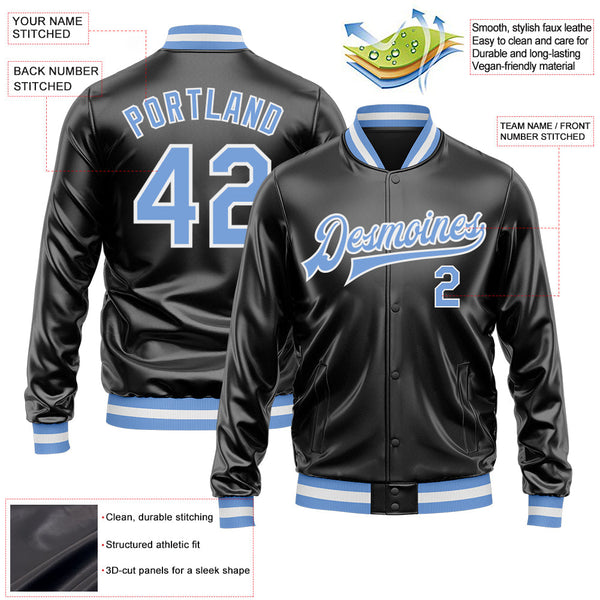 Custom Black Light Blue-White Bomber Full-Snap Varsity Faux Leather Letterman Jacket alternate
