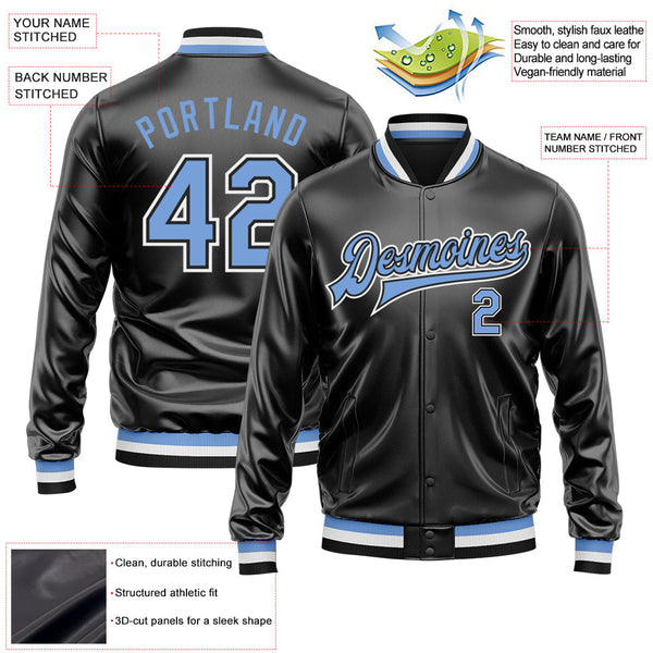 Custom Black Light Blue-White Bomber Full-Snap Varsity Faux Leather Letterman Jacket alternate