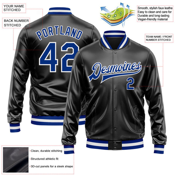 Custom Black Royal-White Bomber Full-Snap Varsity Faux Leather Letterman Jacket alternate