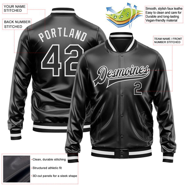 Custom Black Black-White Bomber Full-Snap Varsity Faux Leather Letterman Jacket alternate
