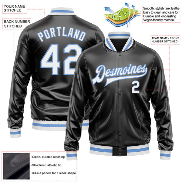 Custom Black White-Light Blue Bomber Full-Snap Varsity Faux Leather Letterman Jacket alternate