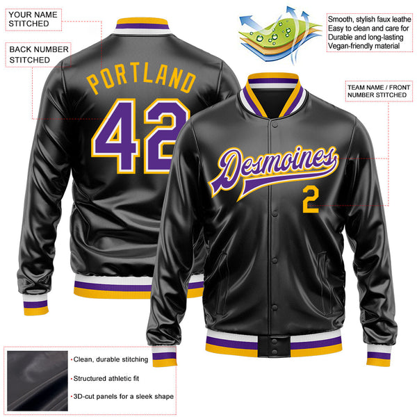 Custom Black Purple-Gold Bomber Full-Snap Varsity Faux Leather Letterman Jacket alternate