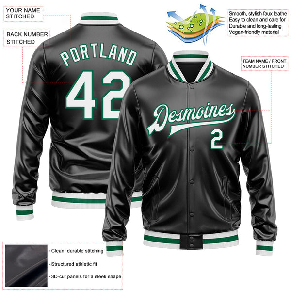 Custom Black White-Kelly Green Bomber Full-Snap Varsity Faux Leather Letterman Jacket alternate