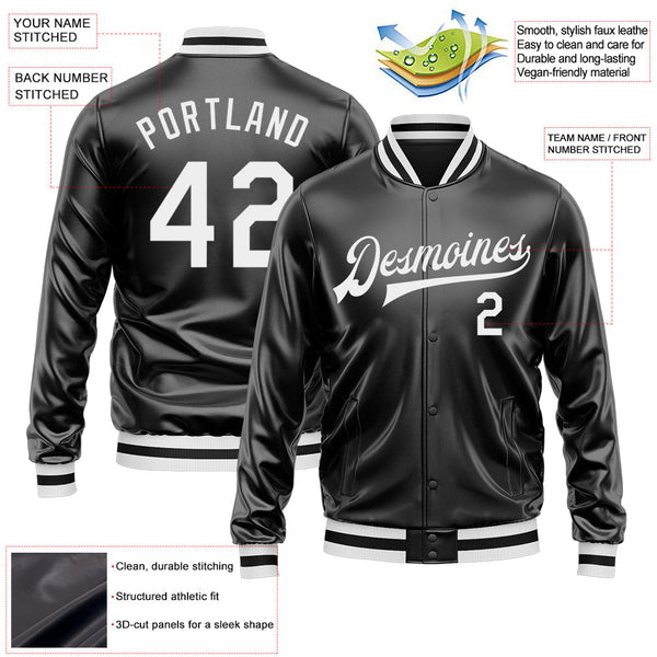 Custom Black White Bomber Full-Snap Varsity Faux Leather Letterman Jacket alternate