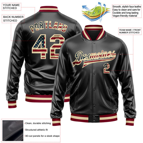 Custom Black Vintage USA Flag-Cream Bomber Full-Snap Varsity Faux Leather Letterman Jacket alternate