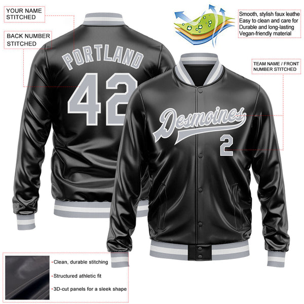 Custom Black Gray-White Bomber Full-Snap Varsity Faux Leather Letterman Jacket alternate