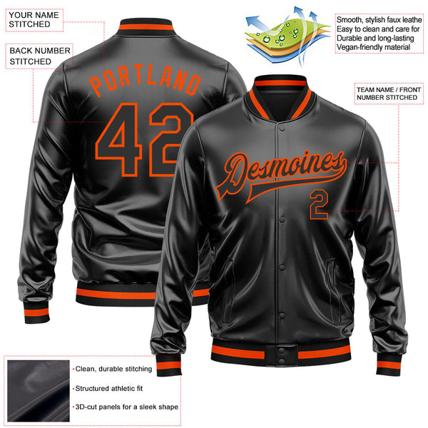Custom Black Black-Orange Bomber Full-Snap Varsity Faux Leather Letterman Jacket alternate