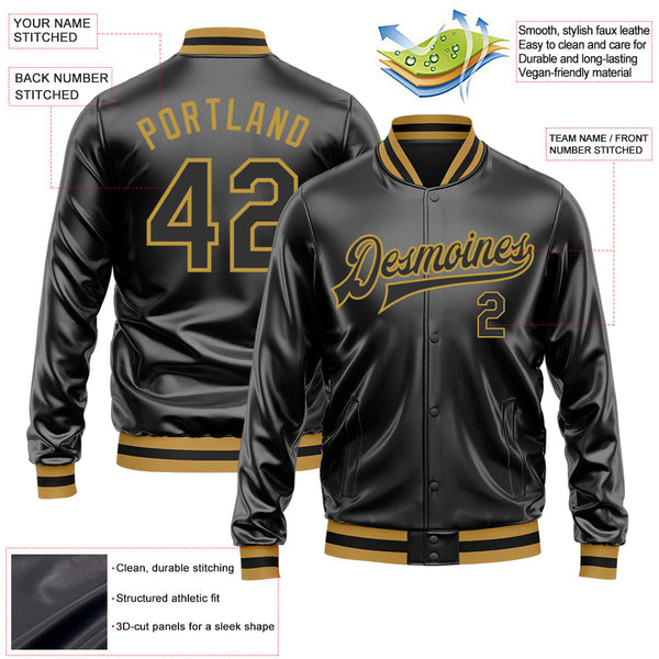 Custom Black Black-Old Gold Bomber Full-Snap Varsity Faux Leather Letterman Jacket alternate