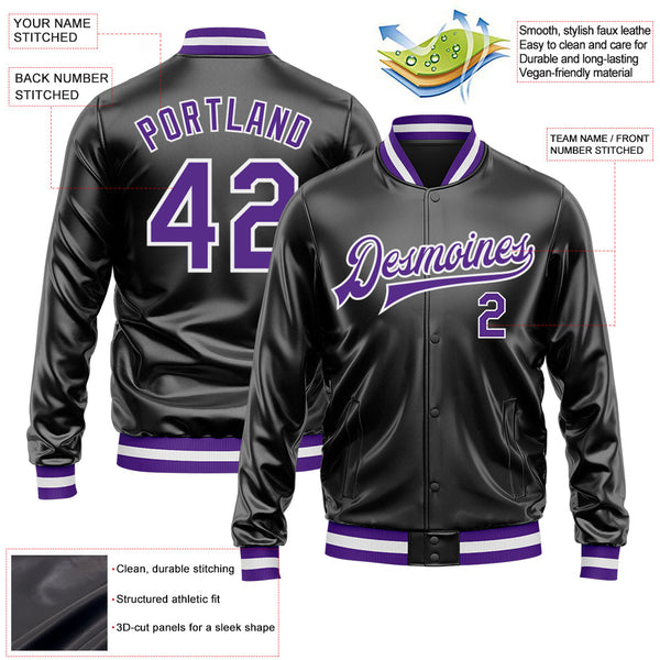 Custom Black Purple-White Bomber Full-Snap Varsity Faux Leather Letterman Jacket alternate