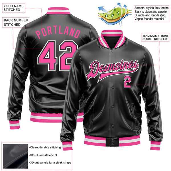 Custom Black Pink-White Bomber Full-Snap Varsity Faux Leather Letterman Jacket alternate