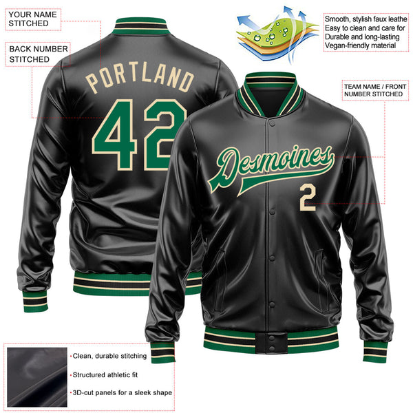 Custom Black Kelly Green-Cream Bomber Full-Snap Varsity Faux Leather Letterman Jacket alternate