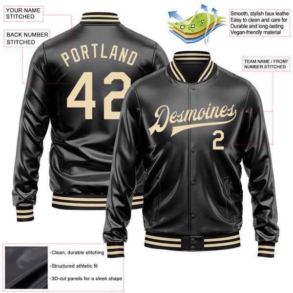 Custom Black Cream Bomber Full-Snap Varsity Faux Leather Letterman Jacket alternate