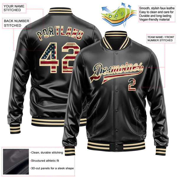 Custom Black Vintage USA Flag-Cream Bomber Full-Snap Varsity Faux Leather Letterman Jacket alternate