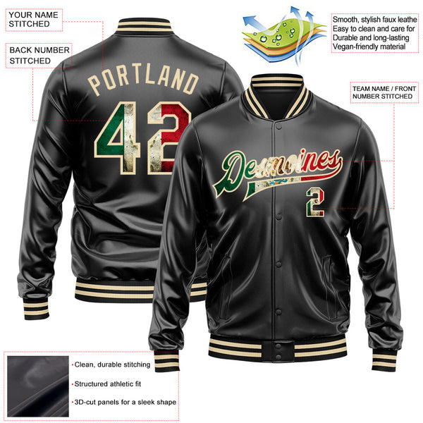 Custom Black Vintage Mexican Flag-Cream Bomber Full-Snap Varsity Faux Leather Letterman Jacket alternate