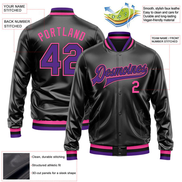 Custom Black Purple-Pink Bomber Full-Snap Varsity Faux Leather Letterman Jacket alternate