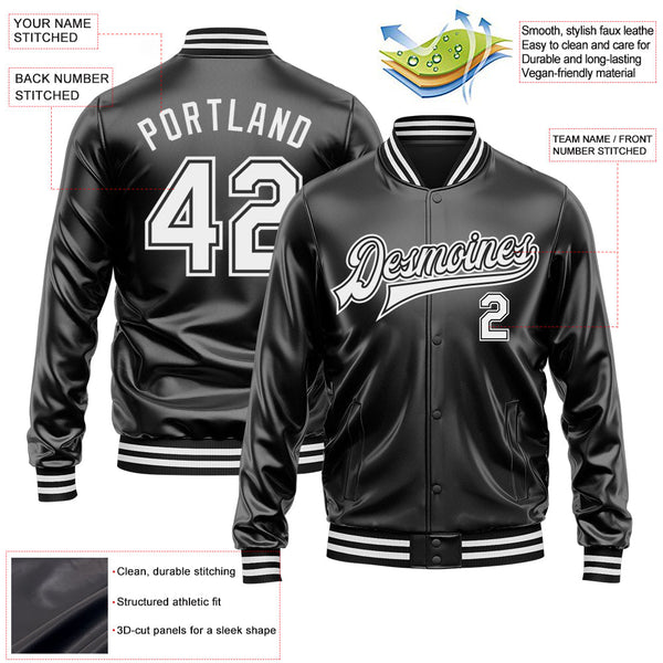 Custom Black White-Black Bomber Full-Snap Varsity Faux Leather Letterman Jacket alternate