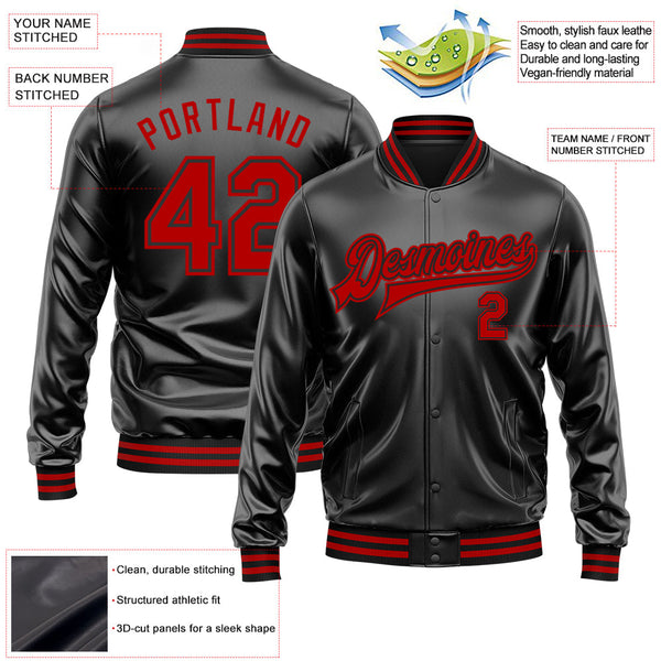 Custom Black Red-Black Bomber Full-Snap Varsity Faux Leather Letterman Jacket alternate
