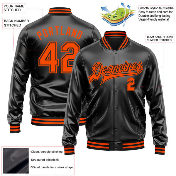 Custom Black Orange-Black Bomber Full-Snap Varsity Faux Leather Letterman Jacket alternate