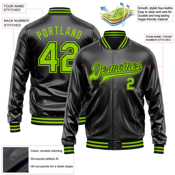 Custom Black Neon Green-Black Bomber Full-Snap Varsity Faux Leather Letterman Jacket alternate