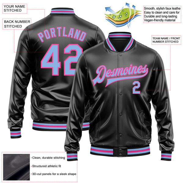 Custom Black Light Blue-Pink Bomber Full-Snap Varsity Faux Leather Letterman Jacket alternate