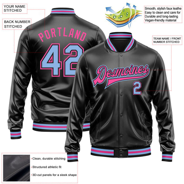 Custom Black Light Blue-Pink Bomber Full-Snap Varsity Faux Leather Letterman Jacket alternate