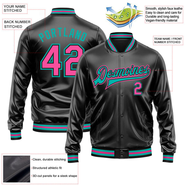 Custom Black Pink-Aqua Bomber Full-Snap Varsity Faux Leather Letterman Jacket alternate