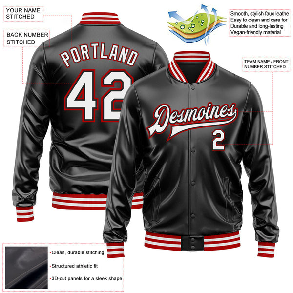 Custom Black White-Red Bomber Full-Snap Varsity Faux Leather Letterman Jacket alternate