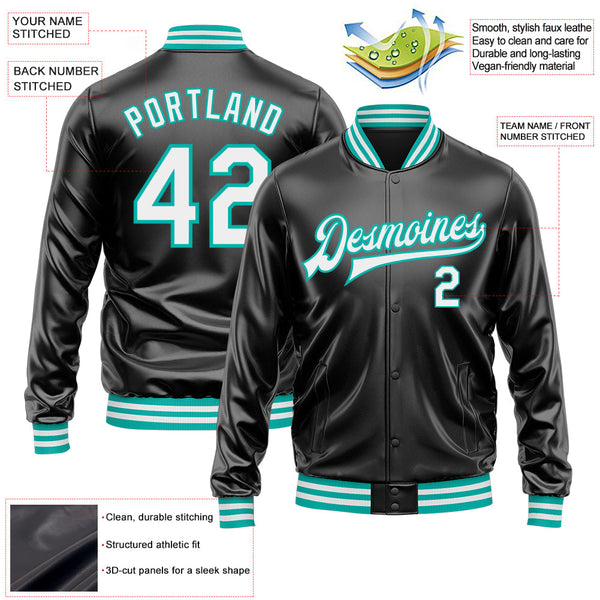Custom Black White-Aqua Bomber Full-Snap Varsity Faux Leather Letterman Jacket alternate