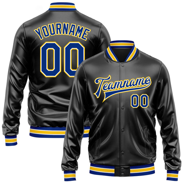 Custom Black Royal-Yellow Bomber Full-Snap Varsity Faux Leather Letterman Jacket