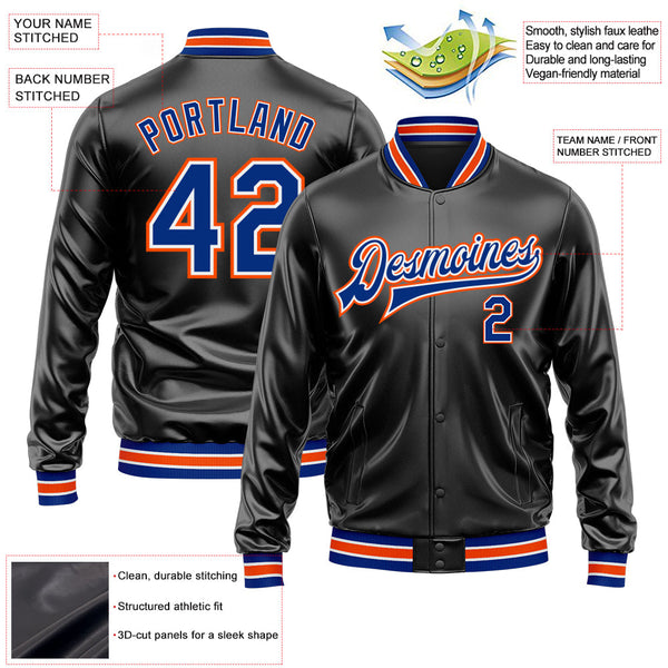 Custom Black Royal-Orange Bomber Full-Snap Varsity Faux Leather Letterman Jacket alternate